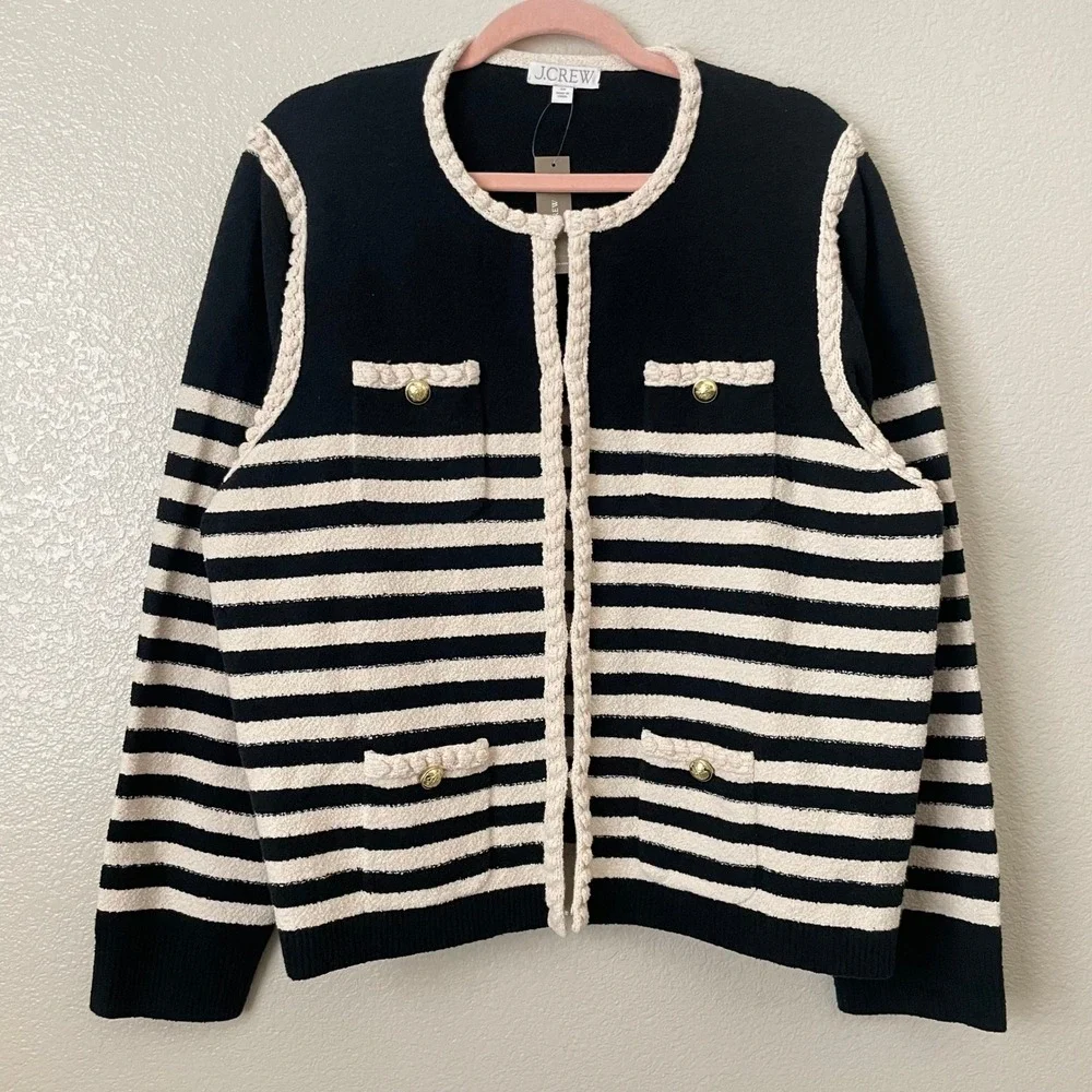 J. Crew Sweater Womens 2X Navy Cream‎ Odette Lady Jacket Striped Boucle Preppy